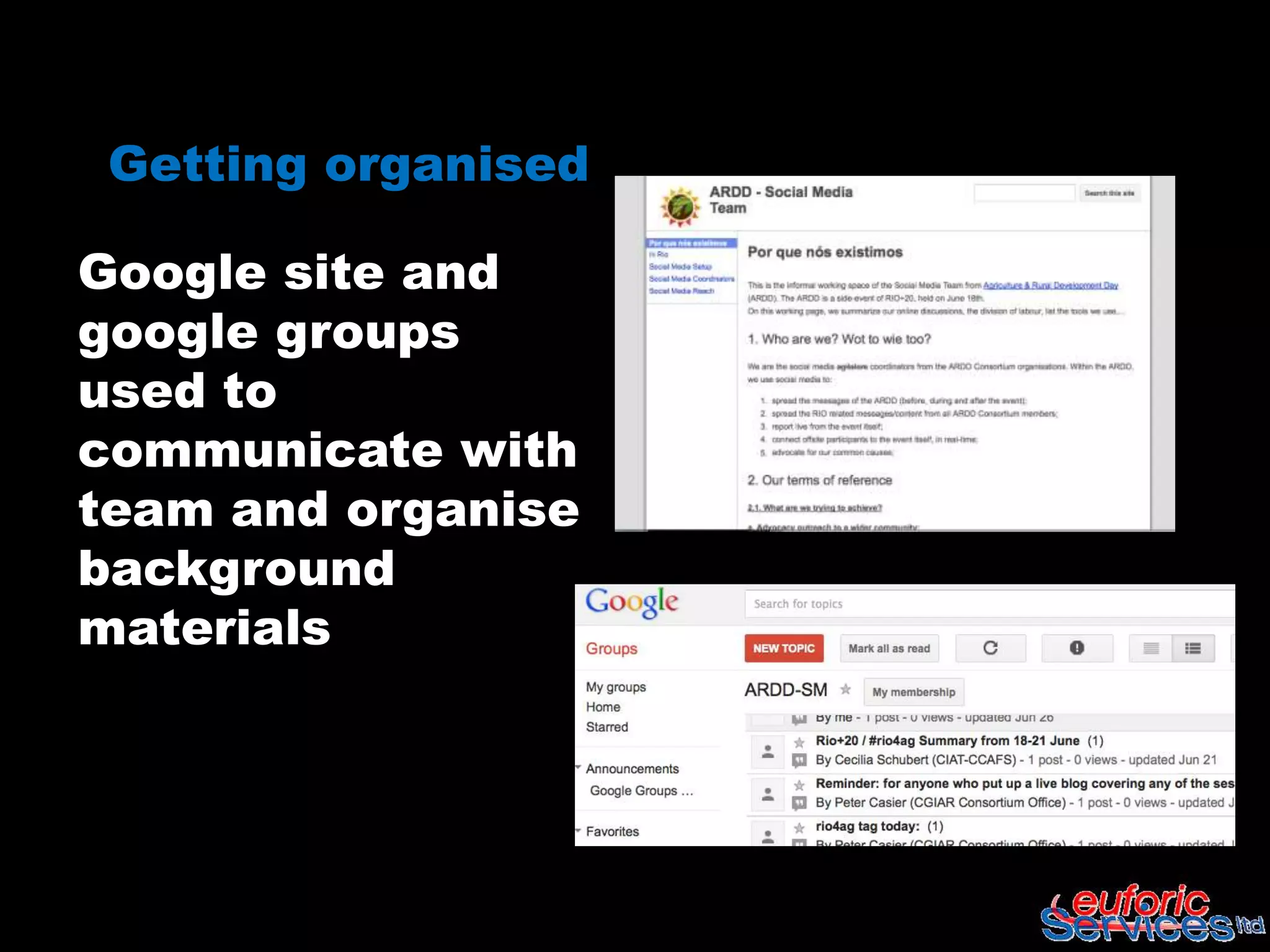 Getting organised

Google site and
google groups
used to
communicate with
team and organise
background
materials
 