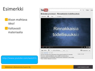 Esimerkki Aivan mahtava idea! Valtavasti materiaalia http://www.youtube.com/watch?v=fRsE7KyMdDQ&feature=youtu.be   