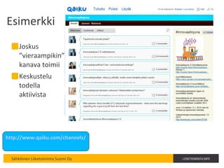 Esimerkki Joskus ”vieraampikin” kanava toimii Keskustelu todella aktiivista http://www.qaiku.com/channels/show/innovaatiojuna 