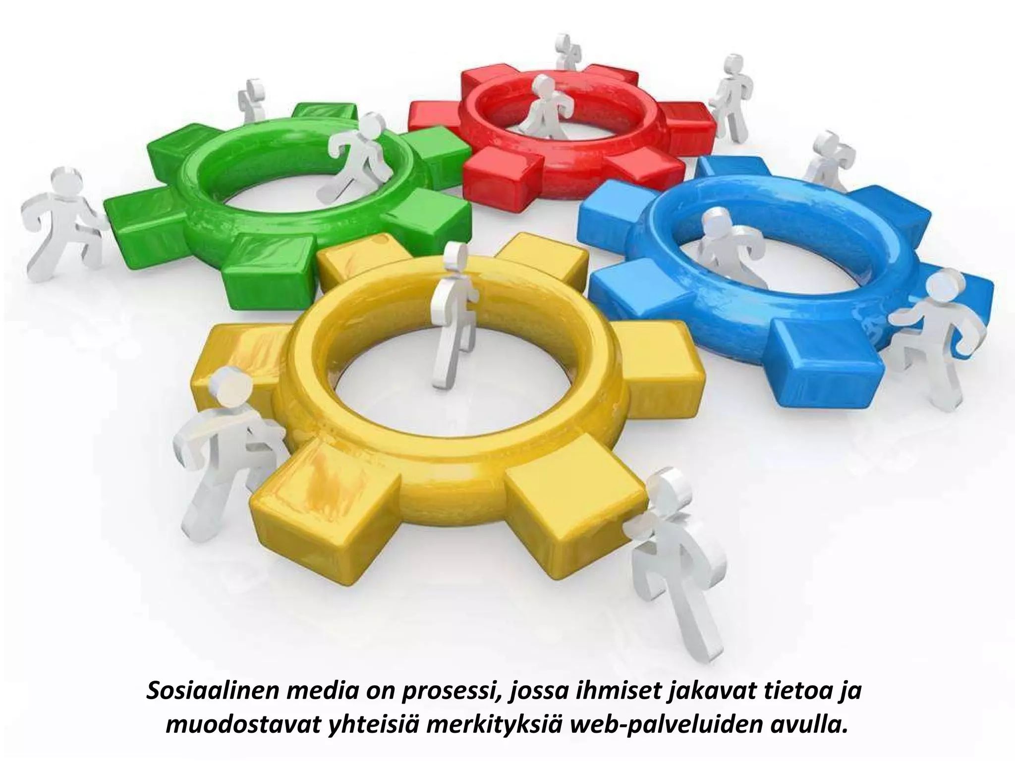 Sosiaalinen media on prosessi, jossa ihmiset jakavat tietoa ja  muodostavat yhteisiä merkityksiä web-palveluiden avulla. 