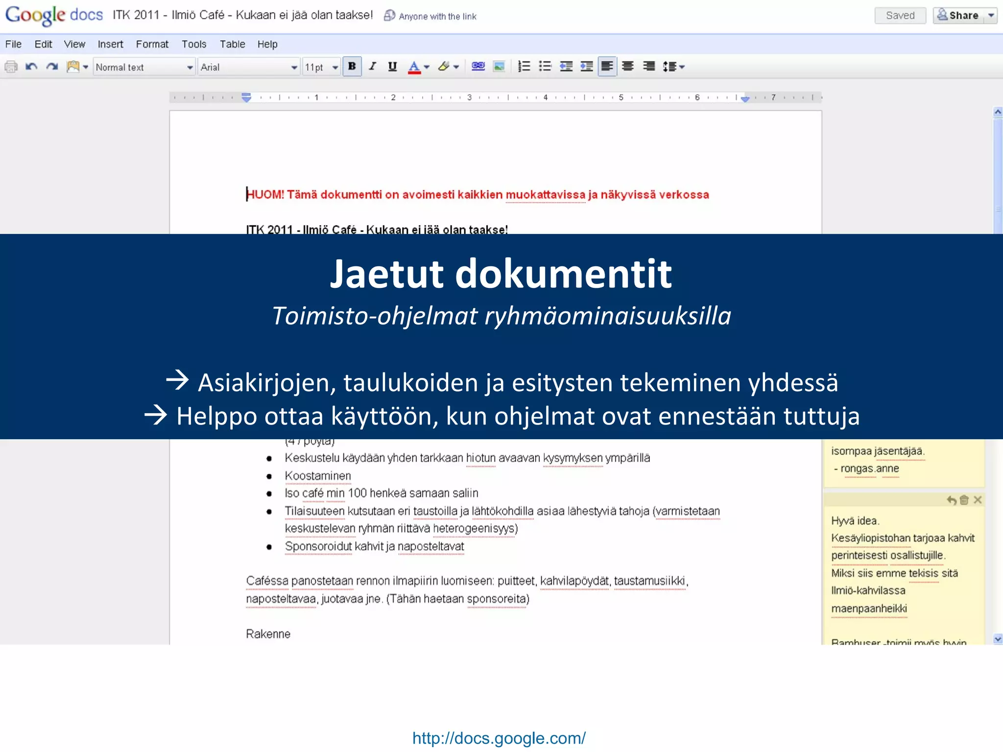 http://docs.google.com/   Jaetut dokumentit Toimisto-ohjelmat ryhmäominaisuuksilla Asiakirjojen, taulukoiden ja esitysten tekeminen yhdessä   Helppo ottaa käyttöön, kun ohjelmat ovat ennestään tuttuja 