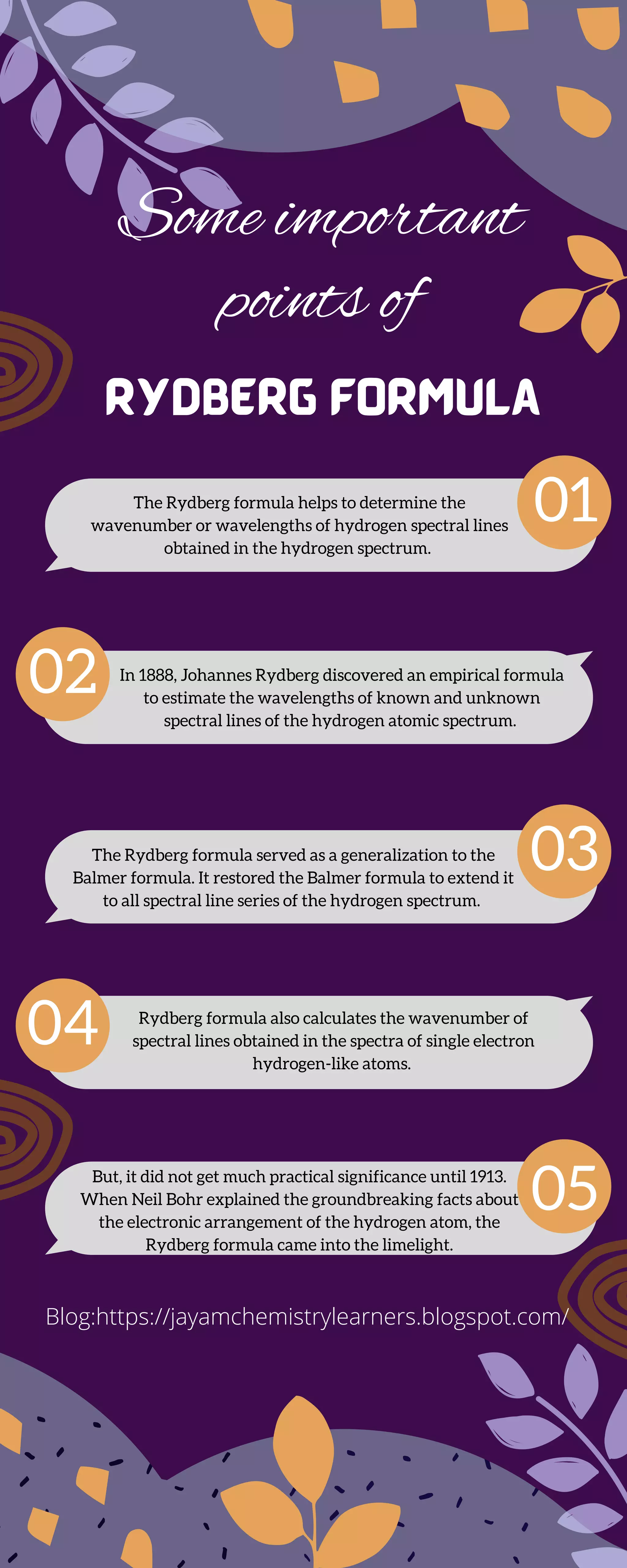 Blog:https://jayamchemistrylearners.blogspot.com/
Rydberg formula
Some important
points of
01
02
03
04
05
The Rydberg formula helps to determine the
wavenumber or wavelengths of hydrogen spectral lines
obtained in the hydrogen spectrum.
In 1888, Johannes Rydberg discovered an empirical formula
to estimate the wavelengths of known and unknown
spectral lines of the hydrogen atomic spectrum.
The Rydberg formula served as a generalization to the
Balmer formula. It restored the Balmer formula to extend it
to all spectral line series of the hydrogen spectrum.
But, it did not get much practical significance until 1913.
When Neil Bohr explained the groundbreaking facts about
the electronic arrangement of the hydrogen atom, the
Rydberg formula came into the limelight.
Rydberg formula also calculates the wavenumber of
spectral lines obtained in the spectra of single electron
hydrogen-like atoms.
