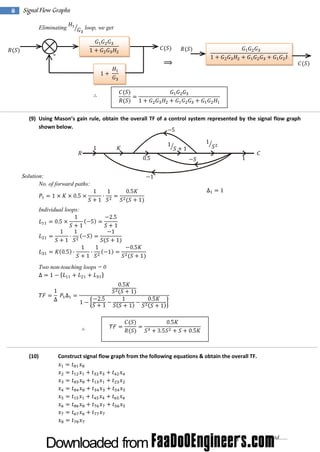 8

Signal Flow Graphs
Eliminating

loop, we get

-

(9) U si M ason’ gai rul obtain the overall TF of a control system represented by the signal flow graph
ng
s n e,
shown below.

Solution:
No. of forward paths:

Individual loops:

Two non-touching loops = 0

(10)

Construct signal flow graph from the following equations & obtain the overall TF.

Contd......

 