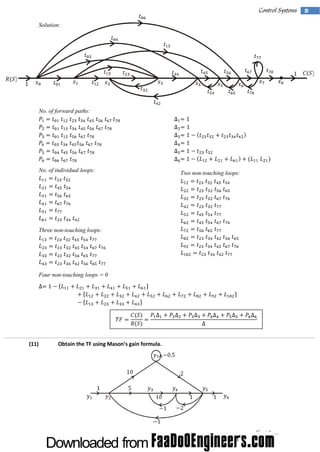 Control Systems
Solution:

No. of forward paths:

No. of individual loops:

Two non-touching loops:

Three non-touching loops:

Four non-touching loops = 0

(11)

O btai the TF usi M ason’ gai f ul
n
ng
s n orm a.

Contd......

9

 