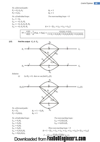Control Systems
No. of forward paths:

No. of individual loops:

(17)

Two non-touching loops = 0

Find the output

Solution:
(i)

Let

then we can find

No. of forward paths:

No. of individual loops:

Two non-touching loops:

Three non-touching loops = 0

15

 