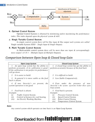 4

Introduction to Control System

R(s)

E(s)

Compensator

+

Identification & Parameter
adjustment

System
C(s)

B(s)
H(S)
6. Optimal Control System:
Optimal Control System is obtained by minimizing and/or maximizing the performance
index. This index depends upon the physical system & skill.
7. Single Variable Control System:
In simple control system there will be One input & One output such systems are called
Single variable System (SISO – Single Input & Single Output).
8. Multi Variable Control System:
In Multivariable control system there will be more than one input & correspondingly
more output’s (M IM O - Multiple Inputs & Multiple Outputs).

Comparison between Open loop & Closed loop Gain
Open Loop System
1. An open loop system has the ability to
perform accurately, if its calibration is good.
If the calibration is not perfect its performance
will go down.
2.

It is easier to build.

3. In general it is more stable as the feed
back is absent.

Closed Loop System
1. A closed loop system has got the ability to
perform accurately because of the feed back.

2. It is difficult to build.
3. Less Stable Comparatively.

4. If non- lin ea rity’s a re present; the
system operation is not good.

4. Even under the presence of nonlin ea rity’s th e system o p era tes b etter th a n o p en
loop system.

5. Feed back is absent.
Example:
(i)
Traffic Control System.
(ii)
Control of furnace for coal heating.
(iii) An Electric Washing Machine.

5. Feed back is present.
Example:
(i)
Pressure Control System.
(ii)
Speed Control System.
(iii) Robot Control System.
(iv)
Temperature Control System.

Note:
Any control system which operates on time basis is an Open Loop System.

 