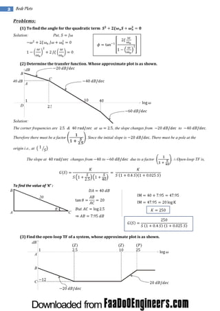 2

Bode Plots
Problems:
(1) To find the angle for the quadratic term
Solution:

Put,

(2) Determine the transfer function. Whose approximate plot is as shown.
dB
B
C
40 dB
A

D

Solution:
The corner frequencies are

&

at

Therefore there must be a factor

, the slope changes from

. Since the initial slope is

to

, There must be a pole at the

origin i.e., at
The slope at

changes from

to

due to a factor

To fi the val of‘ :
nd
ue
K’
B
20

A

C

(3) Find the open-loop TF of a system, whose approximate plot is as shown.
dB
A
B
C

.

Open-loop TF is,

.

 