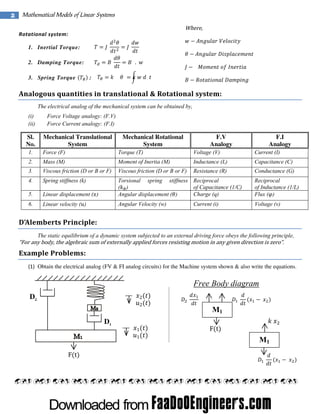 2

 

Mathematical Models of Linear Systems 
Where,

Rotational system: 

 

 

 

1. Inertial Torque:

 

 

 
 

2. Damping Torque:
3. Spring Torque

. 
 

:

   

 

 

 

 

  

 

Analogous quantities in translational & Rotational system: 
 

The electrical analog of the mechanical system can be obtained by,
(i)
(ii)

Sl.
No.

Force Voltage analogy: (F.V)
Force Current analogy: (F.I)

Mechanical Translational
System

Mechanical Rotational
System

F.V
Analogy

F.I
Analogy

1.

Force (F)

Torque (T)

Voltage (V)

Current (I)

2.

Mass (M)

Moment of Inertia (M)

Inductance (L)

Capacitance (C)

3.

Viscous friction (D or B or F)

Viscous friction (D or B or F)

Resistance (R)

Conductance (G)

4.

Spring stiffness (k)

5.

Linear displacement ( )

Torsional spring stiffness Reciprocal
of Capacitance (1/C)
( )
Charge (q)
Angular displacement ( )

Reciprocal
of Inductance (1/L)
Flux ( )

6.

Linear velocity ( )

Angular Velocity (w)

Voltage (v)

Current (i)

D’Alemberts Principle:  
 

The static equilibrium of a dynamic system subjected to an external driving force obeys the following principle,

“For any body, the algebraic sum of externally applied forces resisting motion in any given direction is zero”. 

Example Problems: 
(1) Obtain the electrical analog (FV & FI analog circuits) for the Machine system shown & also write the equations.

Free Body diagram
D2

2

 

 

2

 

M1

D1

F t

1
1

M1

F t  

 

 

 

 

 

 

 

 

 

 
