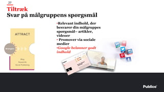 27
Tiltræk
Svar på målgruppens spørgsmål
•Relevant indhold, der
besvarer din målgruppes
spørgsmål– artikler,
videoer
• Promover via sociale
medier
•Google belønner godt
indhold
 