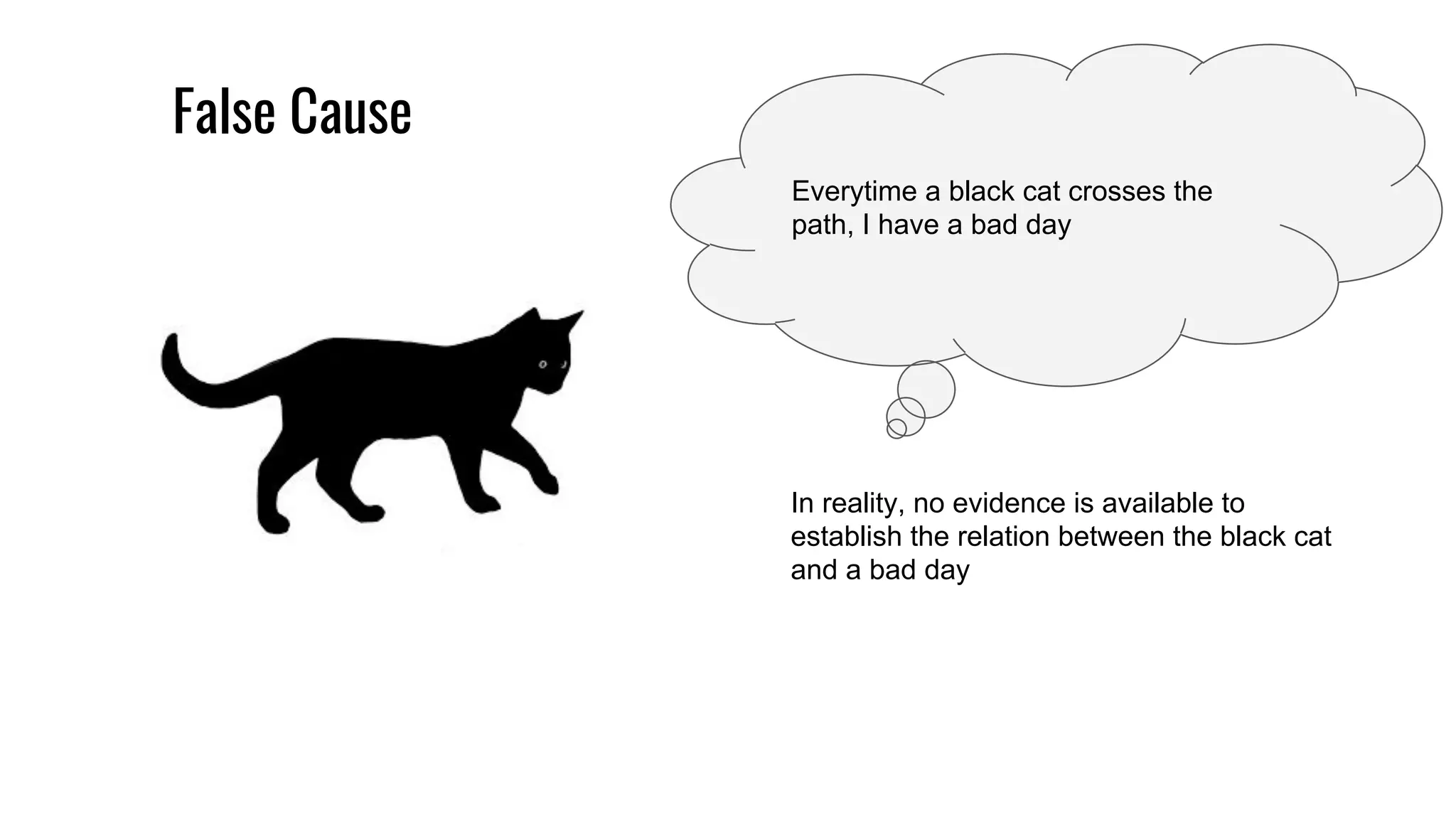 False Cause
Everytime a black cat crosses the
path, I have a bad day
In reality, no evidence is available to
establish the relation between the black cat
and a bad day
 