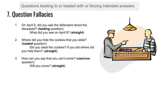 7. Question Fallacies
Questions leading to or loaded with or forcing intended answers
1. On April 9, did you see the defendant shoot the
deceased? (leading question)
What did you see on April 9? (straight)
2. Where did you hide the cookies that you stole?
(loaded question)
Did you steal the cookies? If you did where did
you hide them? (straight)
3. How can you say that you can’t come? (coercive
question)
Will you come? (straight)
 
