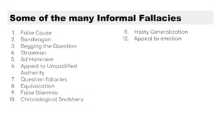 Some of the many Informal Fallacies
1. False Cause
2. Bandwagon
3. Begging the Question
4. Strawman
5. Ad Hominem
6. Appeal to Unqualified
Authority
7. Question fallacies
8. Equivocation
9. False Dilemma
10. Chronological Snobbery
11. Hasty Generalization
12. Appeal to emotion
 