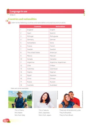 14
Languageinuse
EF06LI17
Countries and nationalities
1 Listen to the following countries and nationalities and practice pronunciation.
Countries Nationalities
1 England English
2 Spain Spanish
3 Portugal Portuguese
4 Germany German
5 Switzerland Swiss
6 France French
7 Sweden Swedish
8 The United States American
9 Mexico Mexican
10 Canada Canadian
11 Argentina Argentine, Argentinian
12 Chile Chilean
13 Colombia Colombian
14 Nigeria Nigerian
15 Egypt Egyptian
16 China Chinese
17 Russia Russian
18 Australia Australian
Here are some examples.
This is Pietro.
He’s Italian.
He’s from Italy.
This is Sakura.
She’s Japanese.
She’s from Japan.
These are Amanda and Lucas.
They’re Brazilian.
They’re from Brazil.
SamuelBorgesPhotography/Shutterstock
Makhh/Shutterstock
JarekPawlak/Shutterstock
 