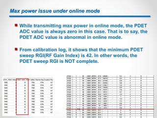 Max power issue under online mode
 While transmitting max power in online mode, the PDET
ADC value is always zero in this case. That is to say, the
PDET ADC value is abnormal in online mode.
 From calibration log, it shows that the minimum PDET
sweep RGI(RF Gain Index) is 42. In other words, the
PDET sweep RGI is NOT complete.
13
 