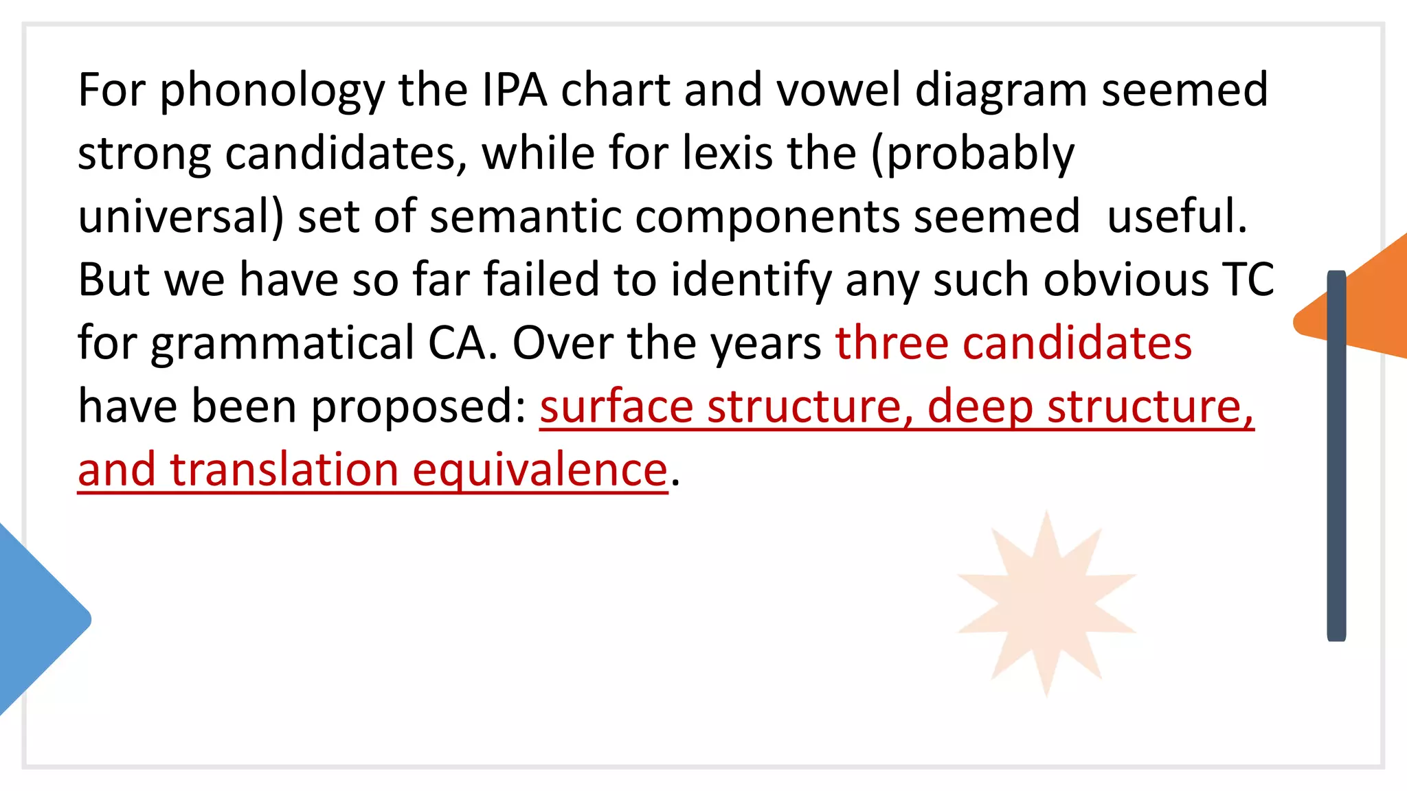 For phonology the IPA chart and vowel diagram seemed
strong candidates, while for lexis the (probably
universal) set of semantic components seemed useful.
But we have so far failed to identify any such obvious TC
for grammatical CA. Over the years three candidates
have been proposed: surface structure, deep structure,
and translation equivalence.
 