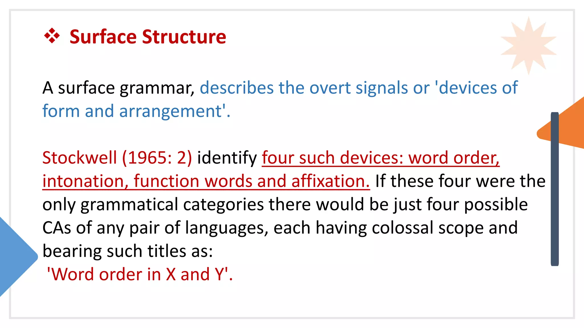  Surface Structure
A surface grammar, describes the overt signals or 'devices of
form and arrangement'.
Stockwell (1965: 2) identify four such devices: word order,
intonation, function words and affixation. If these four were the
only grammatical categories there would be just four possible
CAs of any pair of languages, each having colossal scope and
bearing such titles as:
'Word order in X and Y'.
 