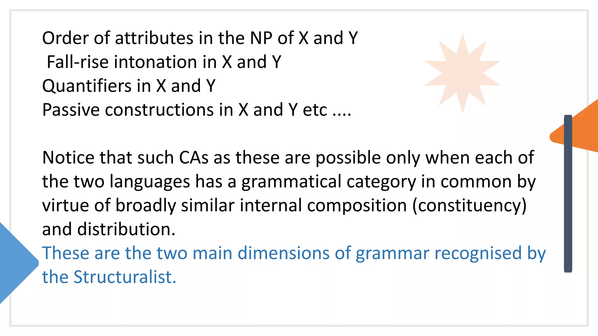 Order of attributes in the NP of X and Y
Fall-rise intonation in X and Y
Quantifiers in X and Y
Passive constructions in X and Y etc ....
Notice that such CAs as these are possible only when each of
the two languages has a grammatical category in common by
virtue of broadly similar internal composition (constituency)
and distribution.
These are the two main dimensions of grammar recognised by
the Structuralist.
 
