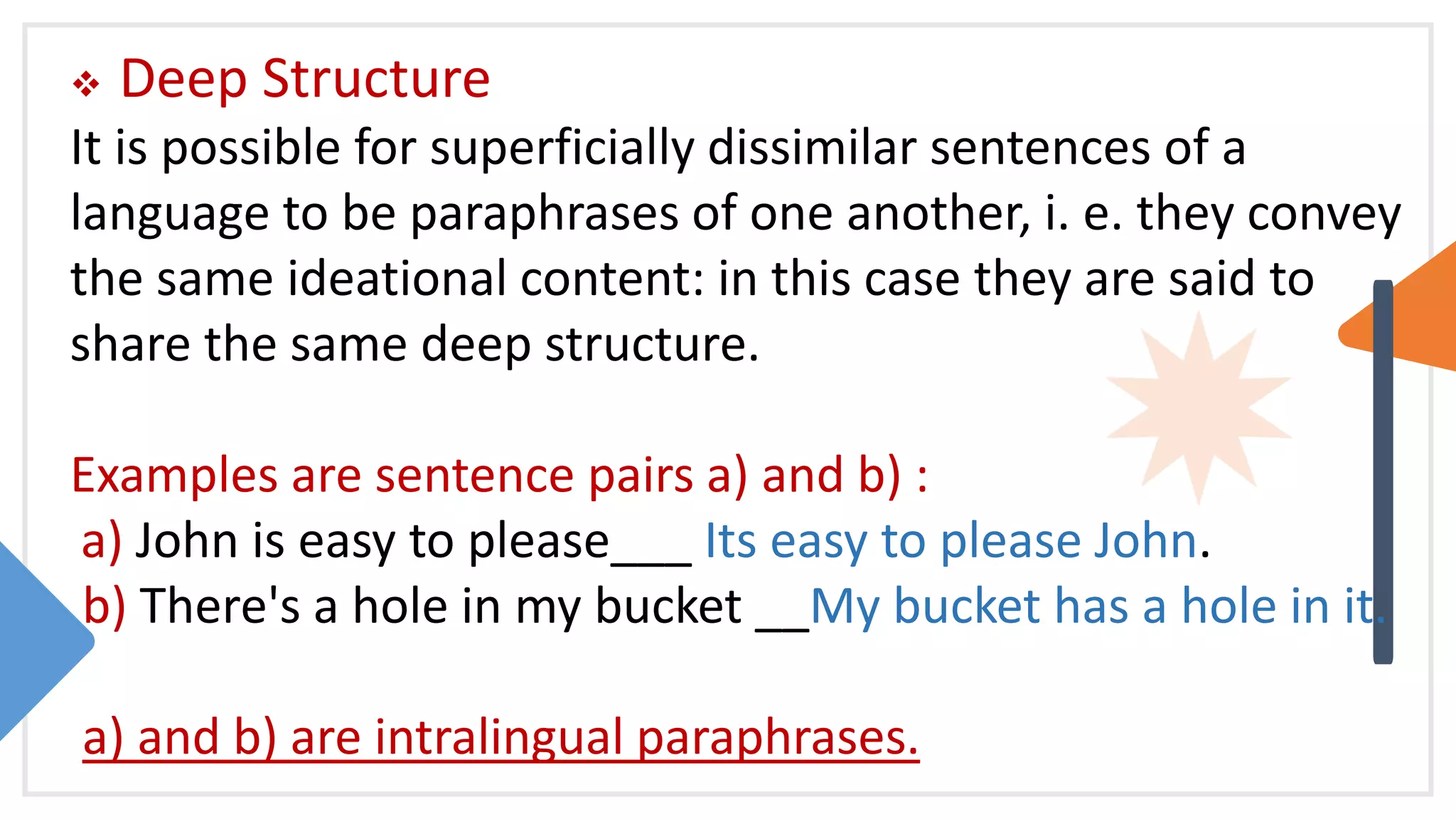  Deep Structure
It is possible for superficially dissimilar sentences of a
language to be paraphrases of one another, i. e. they convey
the same ideational content: in this case they are said to
share the same deep structure.
Examples are sentence pairs a) and b) :
a) John is easy to please___ Its easy to please John.
b) There's a hole in my bucket __My bucket has a hole in it.
a) and b) are intralingual paraphrases.
 