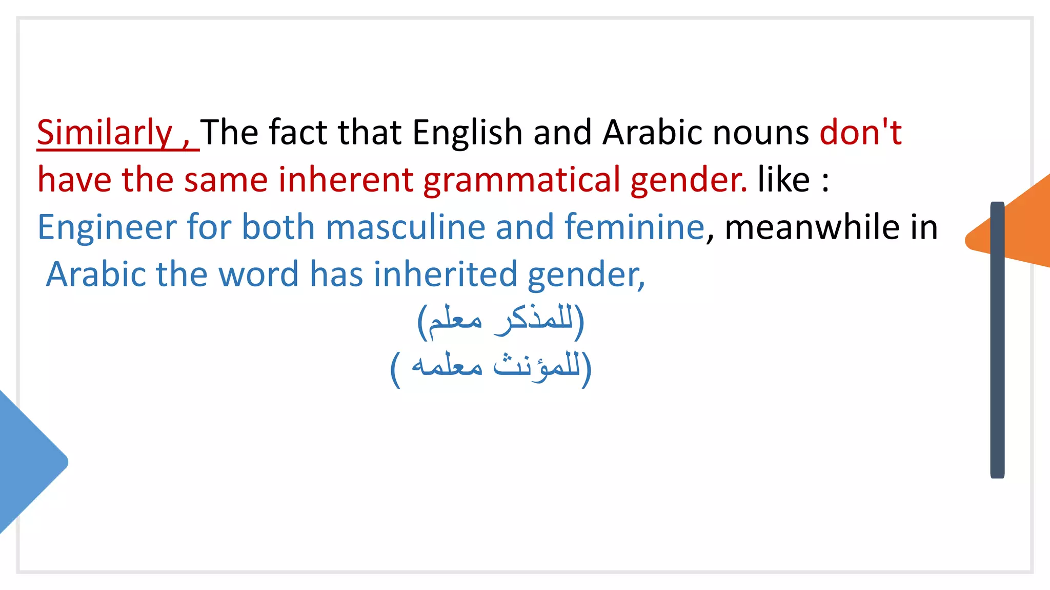 Similarly , The fact that English and Arabic nouns don't
have the same inherent grammatical gender. like :
Engineer for both masculine and feminine, meanwhile in
Arabic the word has inherited gender,
(
‫معلم‬ ‫للمذكر‬
)
(
‫معلمه‬ ‫للمؤنث‬
)
 