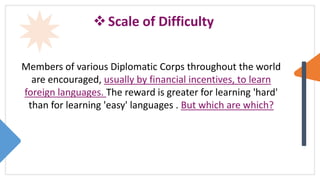 Scale of Difficulty
Members of various Diplomatic Corps throughout the world
are encouraged, usually by financial incentives, to learn
foreign languages. The reward is greater for learning 'hard'
than for learning 'easy' languages . But which are which?
 