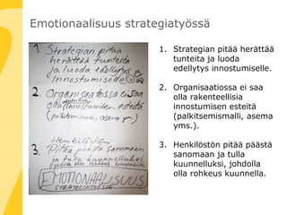 Emotionaalisuus strategiatyössä
1. Strategian pitää herättää
tunteita ja luoda
edellytys innostumiselle.
2. Organisaatiossa ei saa
olla rakenteellisia
innostumisen esteitä
(palkitsemismalli, asema
yms.).
3. Henkilöstön pitää päästä
sanomaan ja tulla
kuunnelluksi, johdolla
olla rohkeus kuunnella.
 
