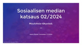 Sosiaalisen median
katsaus 02/2024
Muutoksia näkyvissä.
Harto Pönkä | Innowise | 7.2.2024
Kuva: Microsoft Bing Image Creator / DALL-E 3
 
