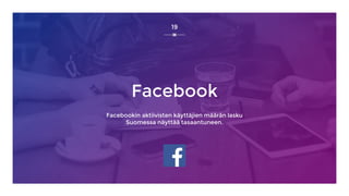 Facebook
Facebookin aktiivisten käyttäjien määrän lasku
Suomessa näyttää tasaantuneen.
19
 