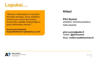 Lopuksi…
Kiitos!
Pilvi Nummi
arkkitehti, tohtorikoulutettava
Aalto-yliopisto
pilvi.nummi@aalto.fi
Twitter: @pilvinummi
Blo...