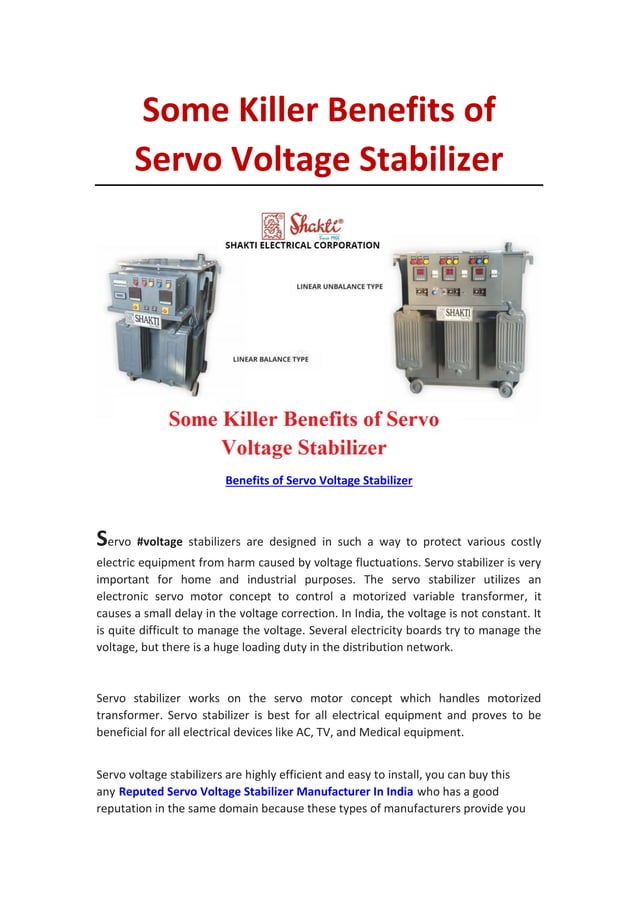 Some killer benefits of servo voltage stabilizer PDF