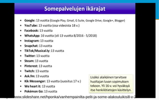 Some & lapset 12
https://www.slideshare.net/hponka/vanhempainilta-pelit-ja-some-alakouluikisill-v-2
 
