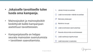 © Grapevine Media Oy
.
•  Jokaiselle tavoitteelle tulee
luoda oma kampanja.
•  Mainosjoukot ja mainosyksiköt
keskittyvät kaikki kampanjaan
asetettuun tavoitteeseen.
•  Kampanjatasolla on helppo
seurata mainosten suoriutumista
= tavoitteen saavuttamista.
 