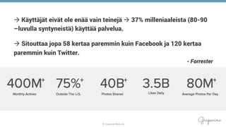 © Grapevine Media Oy
.
à Käyttäjät eivät ole enää vain teinejä à 37% milleniaaleista (80-90
–luvulla syntyneistä) käyttää palvelua.
à Sitouttaa jopa 58 kertaa paremmin kuin Facebook ja 120 kertaa
paremmin kuin Twitter.
- Forrester
 