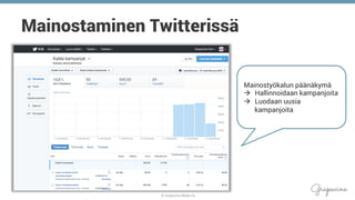 © Grapevine Media Oy
.
Mainostaminen Twitterissä
Mainostyökalun päänäkymä
à  Hallinnoidaan kampanjoita
à  Luodaan uusia
kampanjoita
 