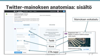 © Grapevine Media Oy
.
Twitter-mainoksen anatomiaa: sisältö
.
Mainoksen esikatselu
Twiitti
Kuva
CTA-nappi
 