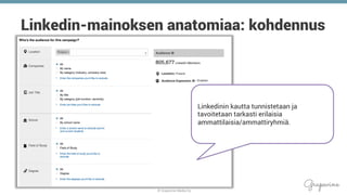 © Grapevine Media Oy
.
Linkedin-mainoksen anatomiaa: kohdennus
Linkedinin kautta tunnistetaan ja
tavoitetaan tarkasti erilaisia
ammattilaisia/ammattiryhmiä.
 