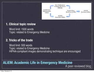 ALiEM: Academic Life in Emergency Medicine
A peer-reviewed blog
1. Clinical topic review
Word limit: 1500 words
Topic: rel...