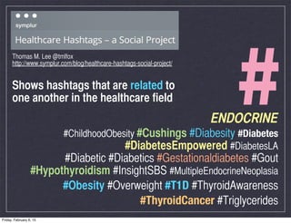 #
Thomas M. Lee @tmlfox
http://www.symplur.com/blog/healthcare-hashtags-social-project/
Shows hashtags that are related to...