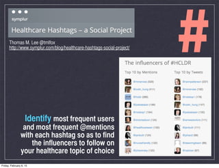 #Thomas M. Lee @tmlfox
http://www.symplur.com/blog/healthcare-hashtags-social-project/
Identify most frequent users
and mo...