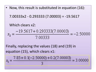 Now, this result is substituted in equation (16): 7.00333x2 - 0.293333 (7.00003) = -19.5617 Which clears x2: Finally, replacing the values (18) and (19) in equation (15), which clears x1: 