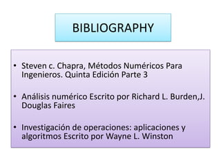 BIBLIOGRAPHYSteven c. Chapra, Métodos Numéricos Para Ingenieros. Quinta Edición Parte 3 Análisis numérico Escrito por Richard L. Burden,J. Douglas FairesInvestigación de operaciones: aplicaciones y algoritmos Escrito por Wayne L. Winston