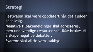 Strategi
Festivalen skal være oppdatert når det gjelder
kanalvalg.
Negative tilbakemeldinger skal adresseres,
men unødvendige ressurser skal ikke brukes til
å skape negative debatter.
Svarene skal alltid være saklige

 