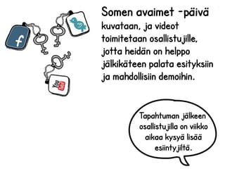 Somen avaimet -päivä

26.2.2014

kuvataan, ja videot
toimitetaan osallistujille,
jotta heidän on helppo
jälkikäteen palata esityksiin
ja mahdollisiin demoihin.
Tapahtuman jälkeen
osallistujilla on viikko
aikaa kysyä lisää
esiintyjiltä.

 