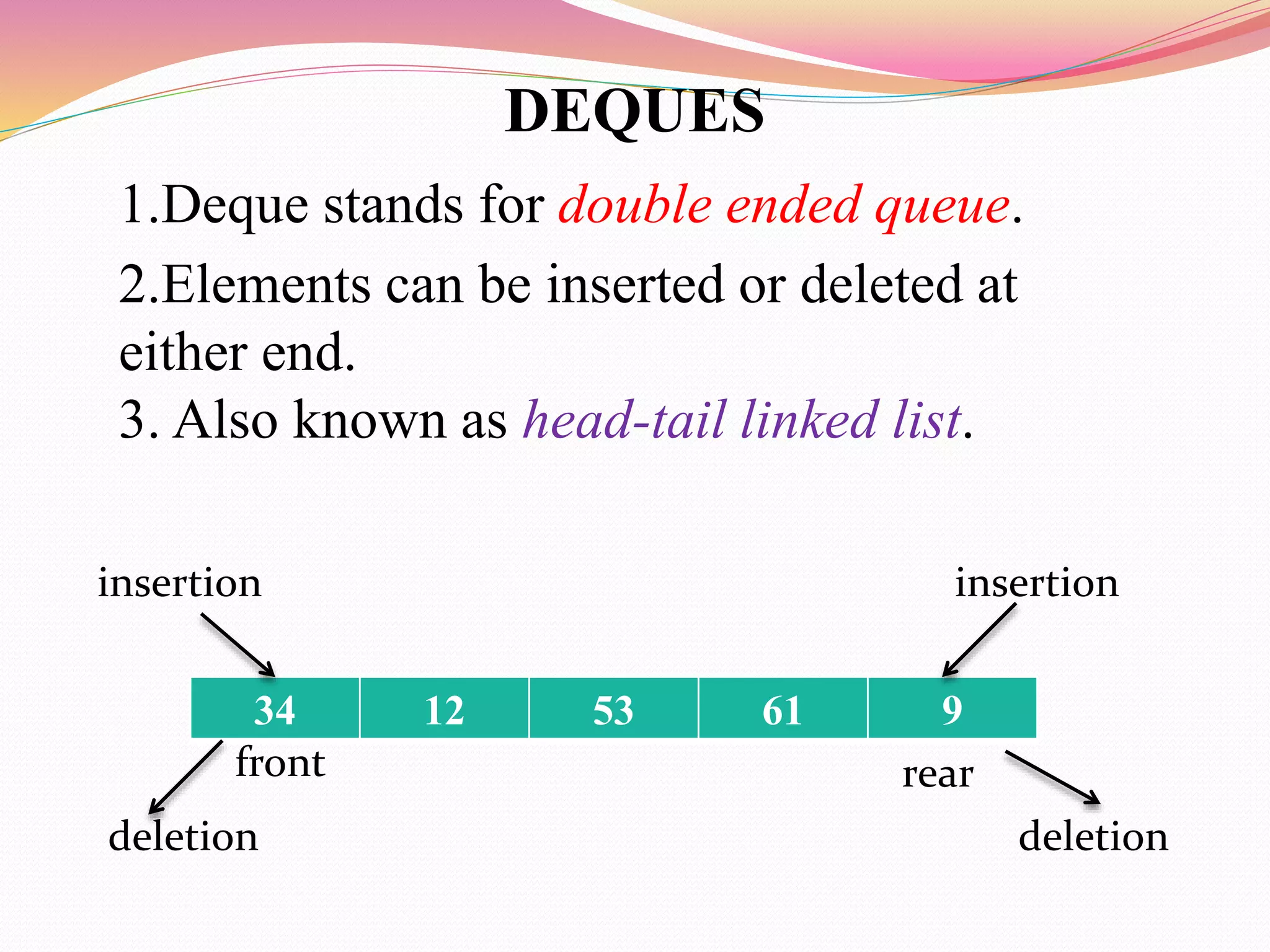 DEQUES
1.Deque stands for double ended queue.
2.Elements can be inserted or deleted at
either end.
3. Also known as head-tail linked list.
34 12 53 61 9
insertion
deletion deletion
insertion
front rear
 