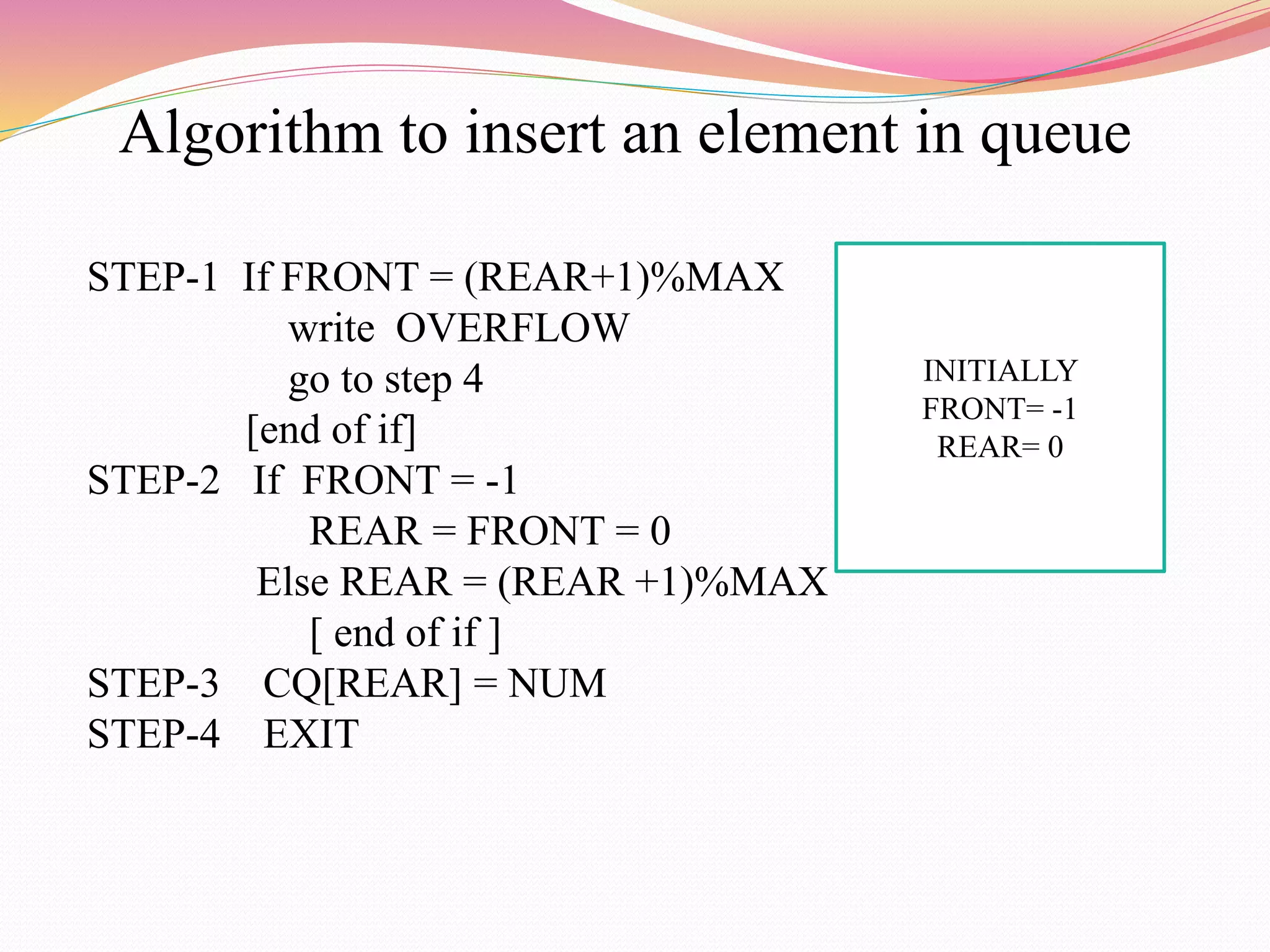 Algorithm to insert an element in queue
STEP-1 If FRONT = (REAR+1)%MAX
write OVERFLOW
go to step 4
[end of if]
STEP-2 If FRONT = -1
REAR = FRONT = 0
Else REAR = (REAR +1)%MAX
[ end of if ]
STEP-3 CQ[REAR] = NUM
STEP-4 EXIT
INITIALLY
FRONT= -1
REAR= 0
 