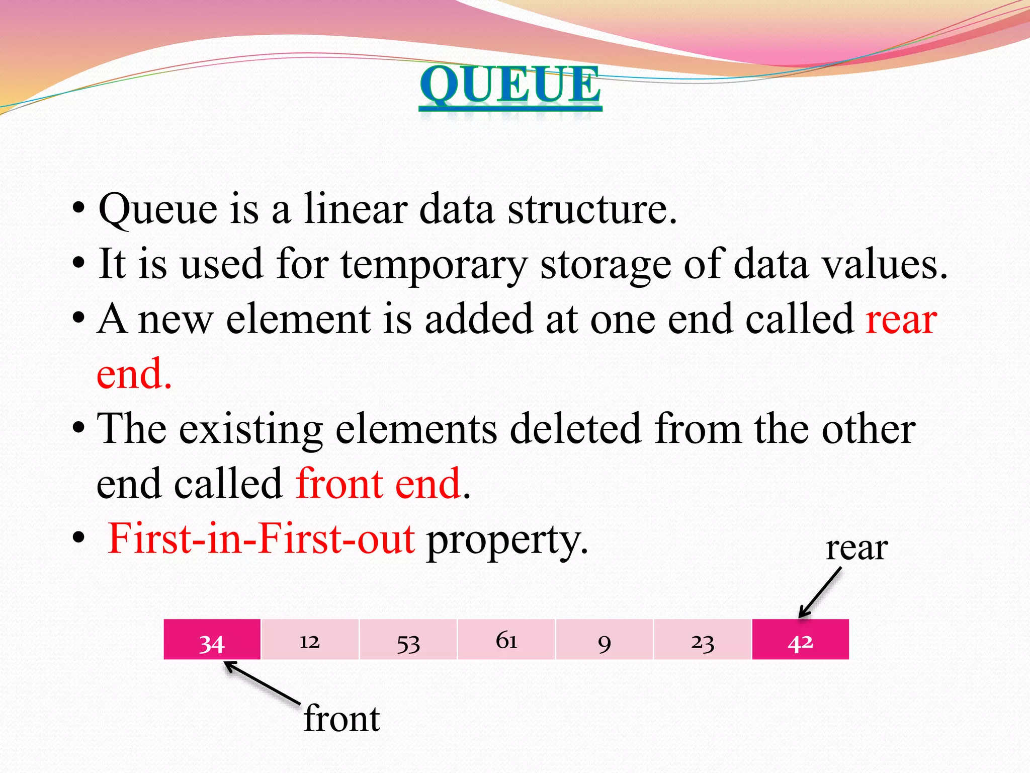 • Queue is a linear data structure.
• It is used for temporary storage of data values.
• A new element is added at one end called rear
end.
• The existing elements deleted from the other
end called front end.
• First-in-First-out property.
34 12 53 61 9 23 42
front
rear
 