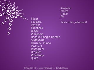 Redesan Oy - www.redesan.fi - @redesanoy
Flickr
LinkedIn
Twitter
Facebook
Blogit
Wikipedia
Doodle, Google Doodle
ݺߣShare
YouTube, Vimeo
Pinterest
Instagram
DropBox
WhatsApp
Quora
Snapchat
FBLive
Tinder
Kik
,,,,,
Uusia tulee jatkuvasti!
 