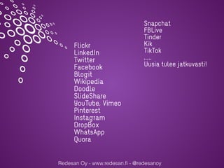 Redesan Oy - www.redesan.fi - @redesanoy
Flickr


LinkedIn


Twitter


Facebook


Blogit


Wikipedia


Doodle


SlideShare...