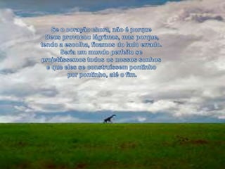 Se o coração chora, não é porqueDeus provocou lágrimas, mas porque, tendo a escolha, ficamos do lado errado. Seria um mundo perfeito se projetássemos todos os nossos sonhos e que eles se construíssem pontinhopor pontinho, até o fim.