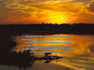 Realize-os! Ah, se conhecêssemos o íntimo do nosso ser como Deus conhece!... se tivéssemos a humildade de pensar que talvez seria melhor tomar outrocaminho que o planejado, não erraríamos tanto e não sofreríamos tanto!
