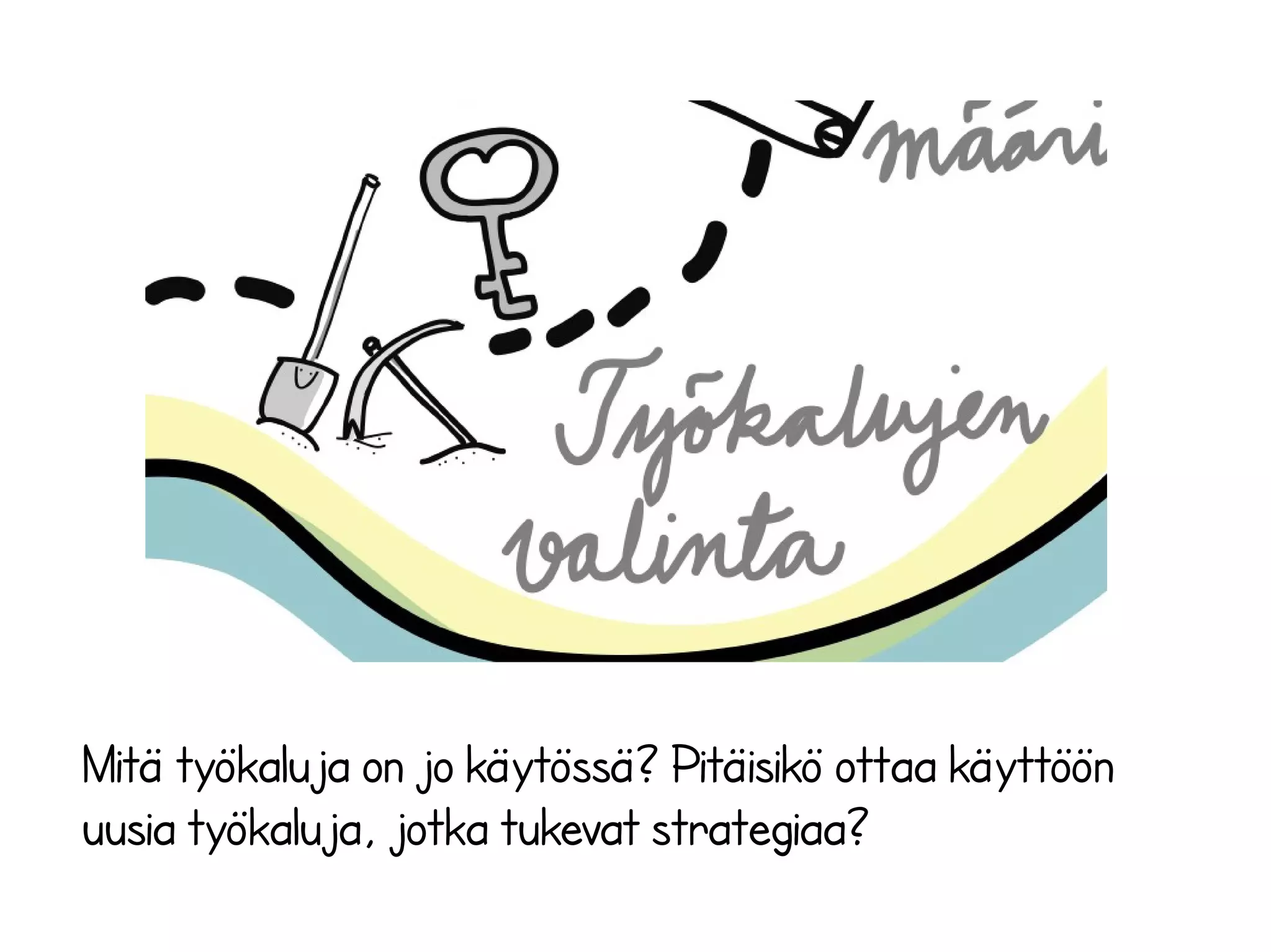 Mitä työkaluja on jo käytössä? Pitäisikö ottaa käyttöön
uusia työkaluja, jotka tukevat strategiaa?
 